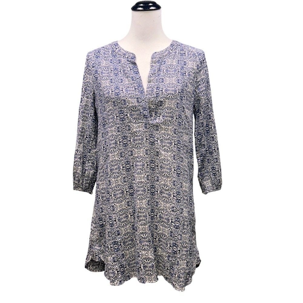 LOFT Tunic Top Womens S Blue White Floral Cotton V-Neck 3/4 Sleeve Boho Coastal
